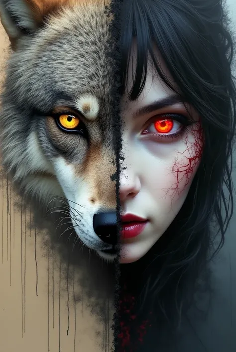 Hyper realistic picture of half female wolf and half female vampire face brought together, both eyes glowing bright colors and under them, black veins spreading like a tree roots under the ground. Hyper realistic photo, one half male, one half female, draw...