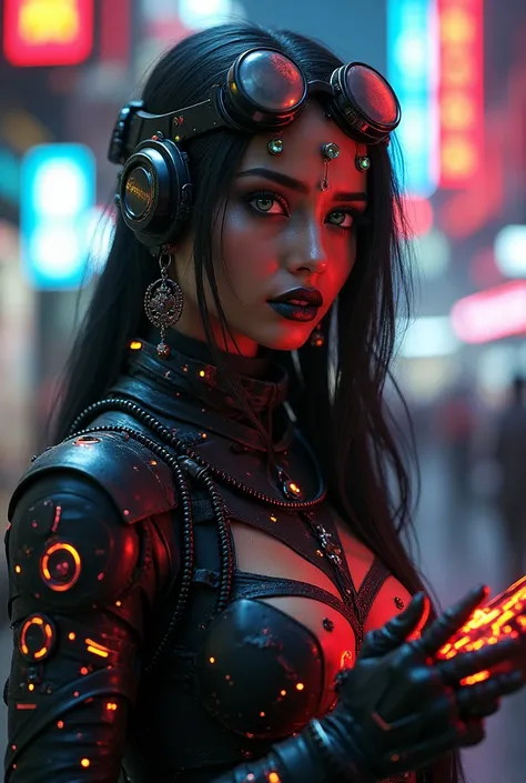 A stunning realistic cyberpunk indian female warrior with piercing green eyes, wearing binthi and nose pin,wearing a sleek black cybernetic suit embedded with glowing neon red and blue lights. Her face is sharply contoured with high-tech metallic elements,...