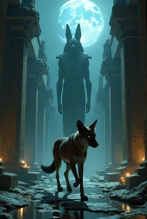  A realistic jackal walking among ancient tombs under the moonlight,  with Anubis appearing as a divine figure behind him , realistic and mystical style 