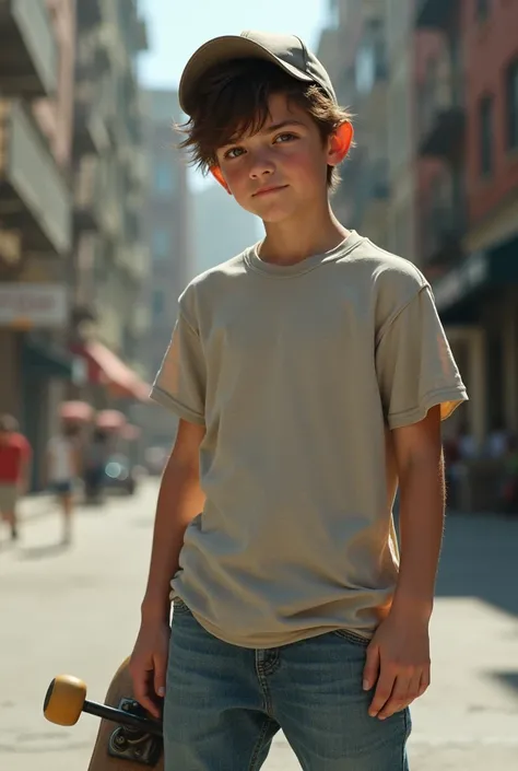 take a picture of a  boy who is skateboarded always with a baseball cap loose and has a loose fit