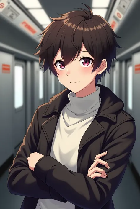 Young anime man, adolescent appearance, male appearance, magenta eyes, dark brown short hair, light warm skin, cocky smile, playful look, right eyebrow furrowed, left eyebrow raised, arms crossed, white turtleneck sweater, leather jacket on top, background...