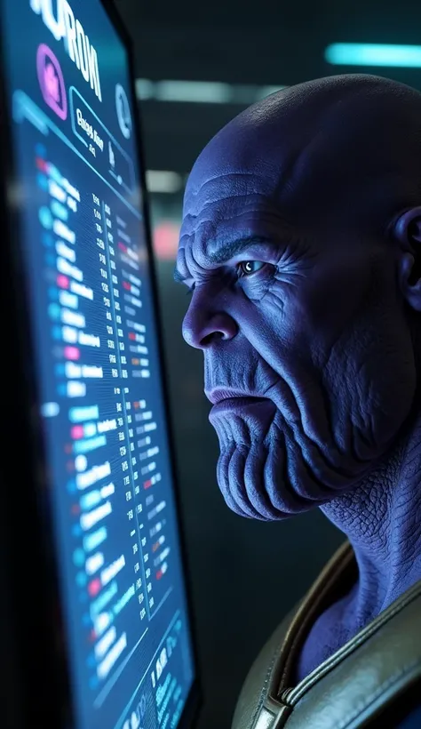 "Thanos looking at a leaderboard on his screen, with Spider-Man's name at the top, glowing in bold letters."