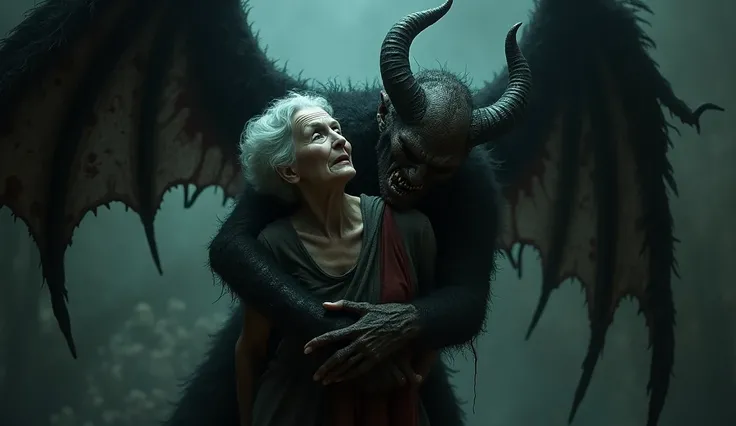 Create an image of an elderly female person,Winged is a diabolical demon, dark in its form, taking the old woman's throat with its claws.