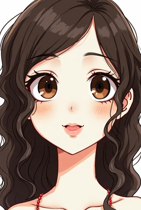  Draw a picture of me of a real girl with round brown eyes, lined. Her face is full  . Her lips are full  .  with white skin, but the sun pigments appear on her features. Her nose has a rounded end . . Her hair is wavy and dark brown. 