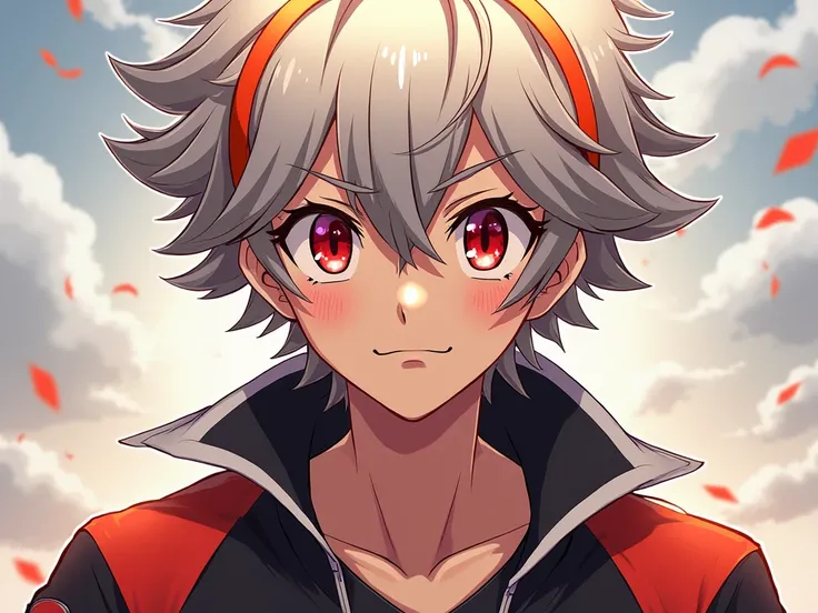 ( oeuvre d&#39;art,     maximum quality  , best quality, Official art, Aesthetic that is both beautiful and threatening, very threatening :1.2)  Inazuma Eleven Victory Road 2 Oc Boy with gray and orange hair and scarlet red eyes Artificial stylish sports u...