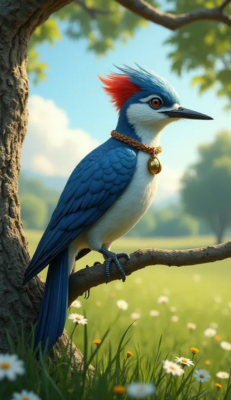 An ultra realistic woodpecker,  positioned on a low branch of a tree on a vibrant green lawn . Its feathers have a shade of blue,  with an impeccable texture that reveals the small details of each fluff ,  as slightly bristled edges and subtle sparkles und...