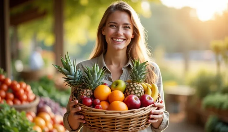 A cheerful person holding a basket full of fresh, colorful fruits with both hands, smiling warmly. The basket contains a variety of fruits such as apples, oranges, bananas, grapes, and pineapples, arranged beautifully. The person is dressed casually, with ...