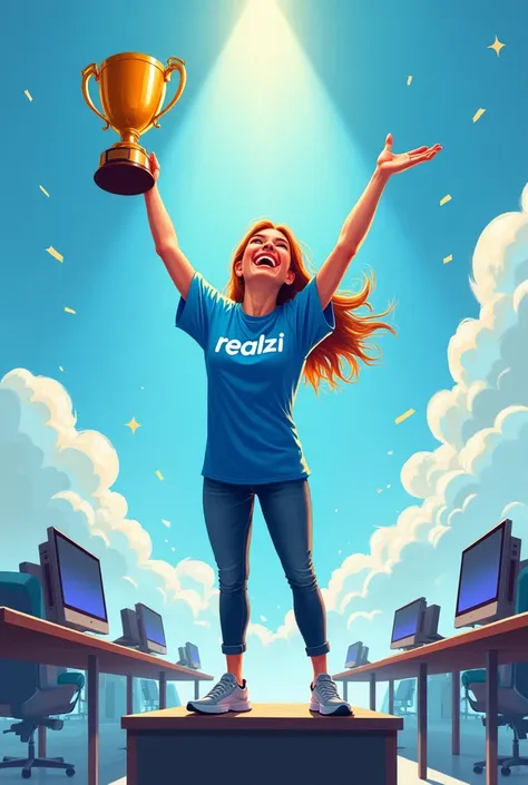 Drawing of a woman in a blue shirt with the word Reallizi very happy on a podium holding a trophy in an environment with several computers and tables