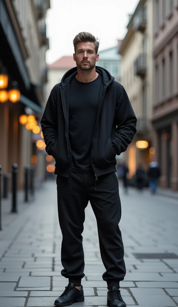 "A stylish man wearing a black sports tracksuit with a zip-up hoodie and matching jogger pants. The hoodie is fully unzipped, revealing a black T-shirt underneath, creating a relaxed yet athletic look. The jogger pants have a tapered fit, and he is wearing...