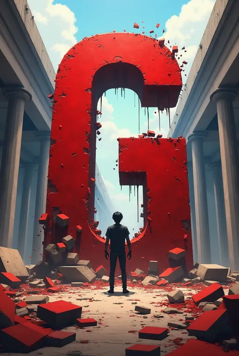 Capital G, in red color, As if it were a parade falling apart,  theme parts of broken walls on the floor, no theme Attack on titan