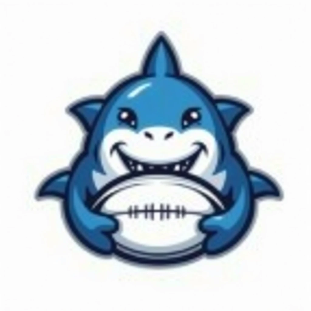 A friendly, smiling shark facing forward with a confident but approachable expression, biting down on a rugby ball. The shark's back is blue, and its belly is white, creating a strong contrast. Its teeth are visible but not overly sharp or aggressive, keep...