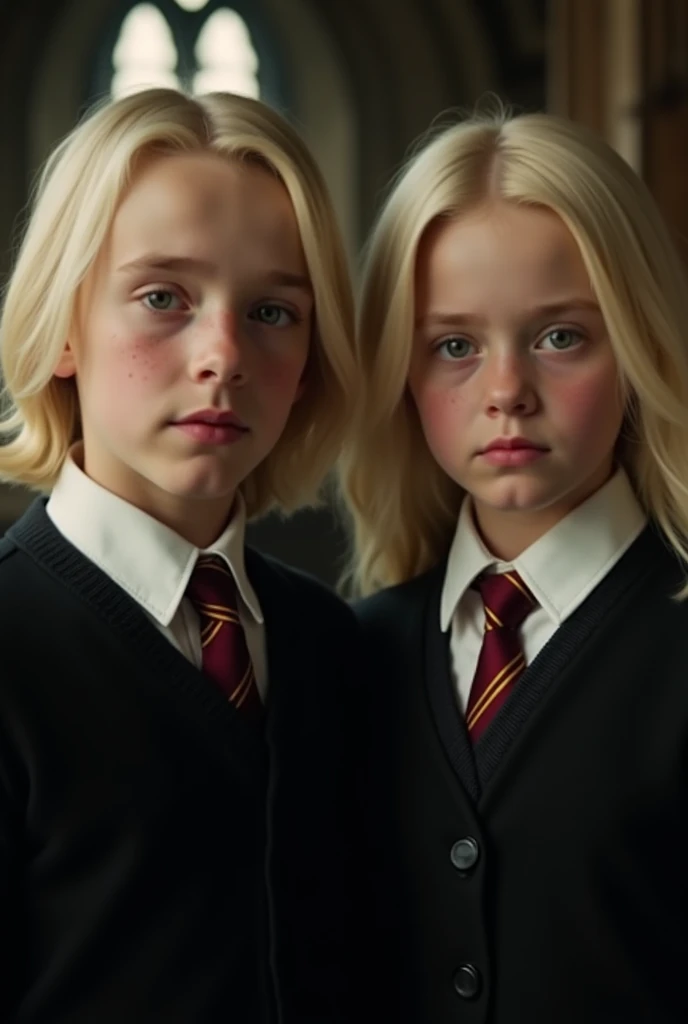 
The twins Malfoy , Scorpio Malfoy (lookalike father with mother's eyes )  and Nymphadora Malfoy  ( similar to mother with father's eyes)  2004 son of Draco Malfoy and Hermione Granger, The visuals of 2018