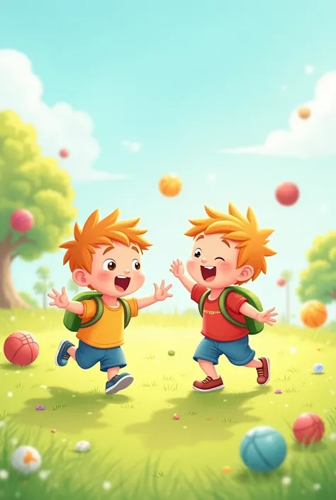 Timmy and Max playing together*:
    - A joyful illustration of Timmy and Max playing together, with balls, toys, and other park equipment scattered around them.
    - They can be shown running, laughing, and having fun together, with a sunny sky and green...