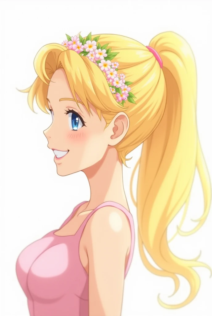 A mature anime girl，Idol， white background，Animation Style， Blonde Hair,Smile,  Ponytail, Wearing a flower crown on the head,