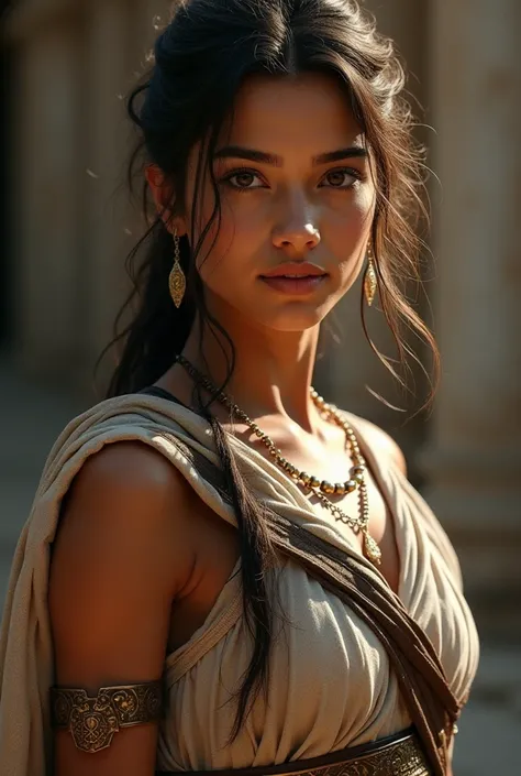 The realistic design , A young woman of less than twenty years of age with very light brown skin, Charming light hazel eyes, Light black to brown hair .  dressed as an ancient Greek warrior 