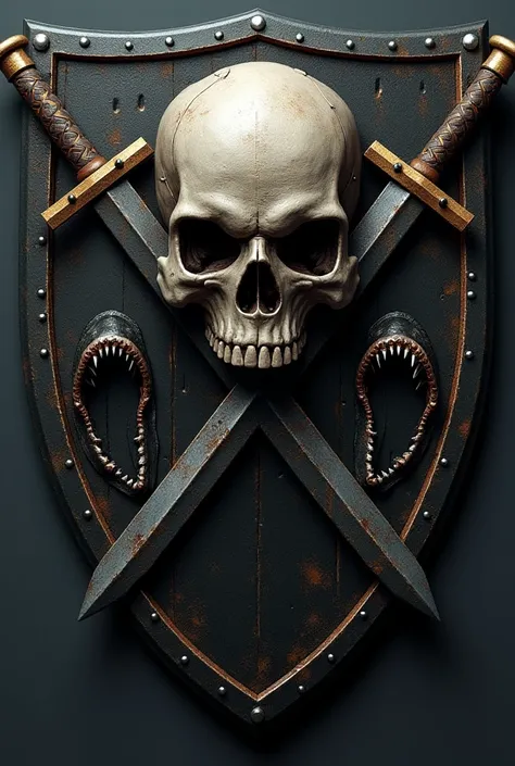 Create a shield with a skull head ,  a sword crossing the head of the skull and 2 sharks next to the skull 