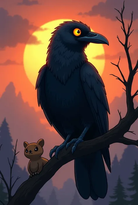 No text in the thumbnail also characters are cartoon 

Visual Concept:
Main Character (The Crow): A wise-looking black crow sitting on a high branch, its eyes wide open and glowing slightly, conveying intelligence and foresight.
Facial Expression: The crow...