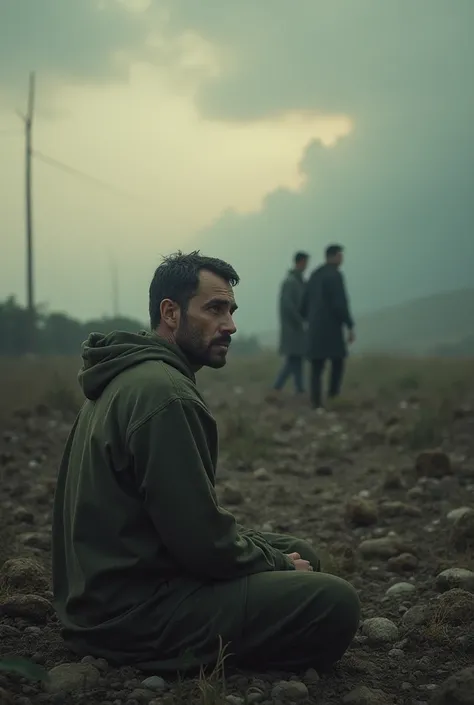 One of the men, sitting alone on the ruined land, gazing at the empty garden. His face is filled with deep sorrow and remorse. In the background, the others are walking away, lost in their thoughts. The sky is overcast, with a faint light breaking through ...