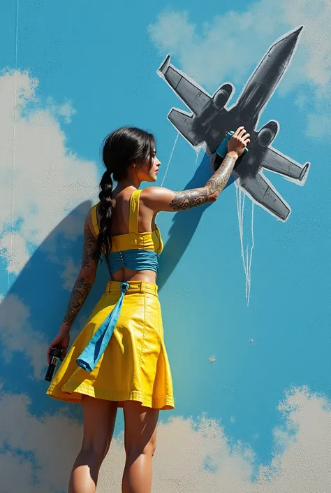 Unreal 5.4 close up very light blue sky Lara Croft she spray paints a large picture of a supersonic jet full tattooed Maxine Max and Lara Croft on the wall wearing a summer dress made of blue tape, tape and yellow tarpaulin and bubble wrap, painted with a ...