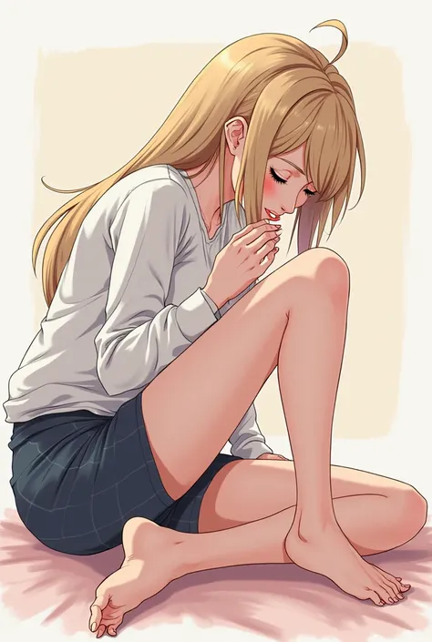 An aunt puts her foot on her slave's face while licking her foot. Anime drawing