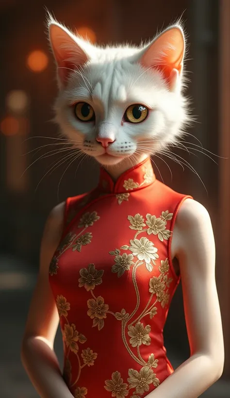 *"A stunning scene featuring a cat-headed woman with a beautifully detailed feline face. The woman’s body is human, and she is dressed in a delicate, traditional Chinese qipao (cheongsam) dress, adorned with intricate patterns of flowers and gold embroider...