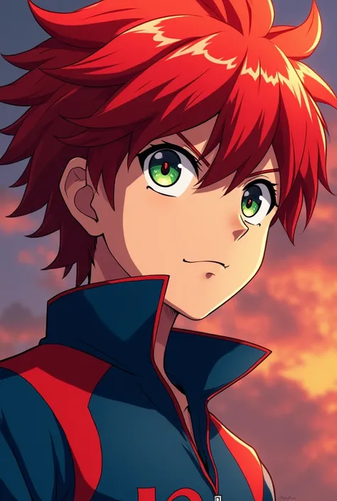 ( Artwork,   maximum quality , best quality, Official art,  magnificent and very very aesthetically threatening:1.2)  Inazuma Eleven Oc Boy With Flame-red Hair And Menacing Red and Scarlet Green Eyes.Stylish artificial 
blue and red uniform.