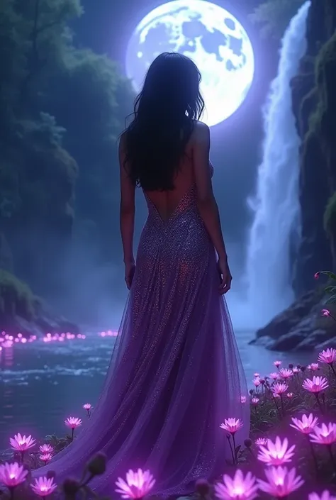 "A beautiful Indonesian woman with long dark hair wears an elegant metallic purple dress,  stand in the background of an amazing fantasy landscape .  Behind her is a huge waterfall flowing with a mystical mist , as well as the big glowing moon in the night...