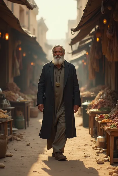 2. The Governor muslim in the Market:

A picture of a governor walking through an old market, looking puzzled and curious as he passes various shops. He seems intrigued but skeptical, particularly when he reaches the shop of the elder.
