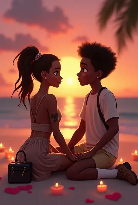 an mature animated picture, during sunset in a beach a dark skinned girl with female generic slim body, arched natural scar brows, brown pony pigtails hairstyle, deep set false lashes and smokey eyes, diamond face, black cat arm tatoo, grecian soft nose an...