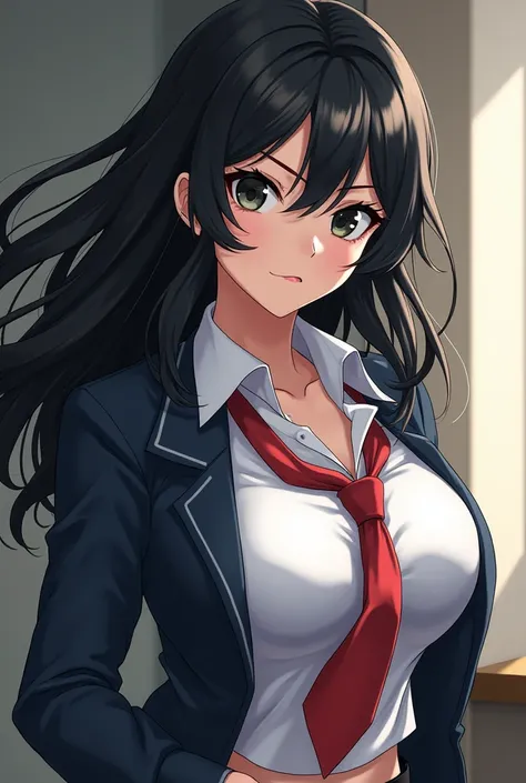  17-year-old anime girl with medium-long wavy black hair, And black eyes,  school clothes ,  has an aggressive personality ,  Athletic physique ,  has big breasts, has white skin