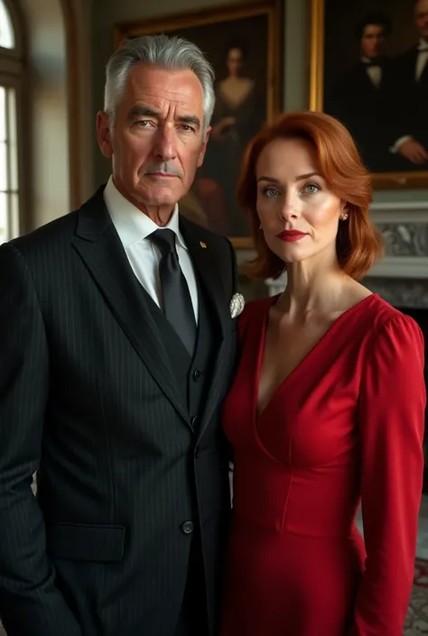 Cinematic scene showing a rich, composed millionaire man in his early fifties, fair skin, gray hair and piercing blue eyes, standing next to an elegant woman in her early forties, fair skin, mid-length red hair shoulders and striking green eyes. They are b...