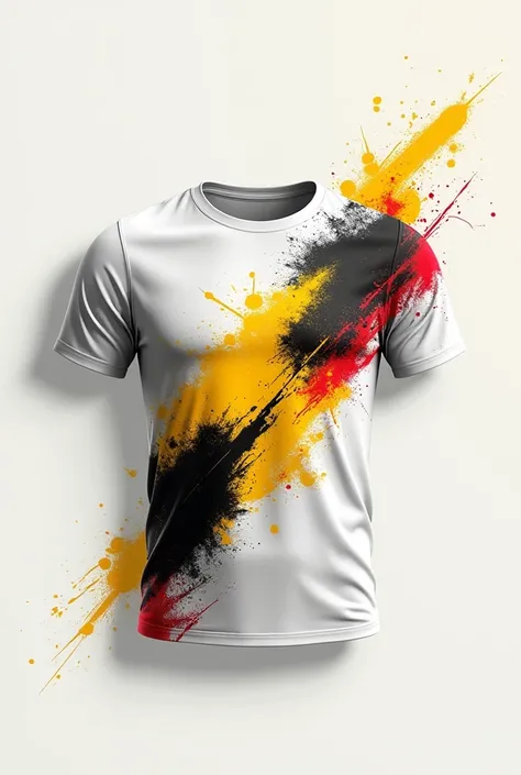 White sports t-shirt with red paint,  black and yellow 