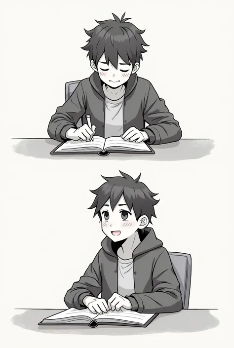 Draw me a picture containing two pictures of a 14- person studying, but the difference between the two pictures is that the first picture is studying and he is happy and the second picture is studying while he is sad