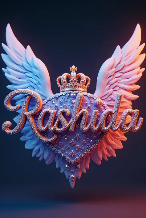 Elegant 3D typography with the name. "Rashida " with an elegant crown and fine diamonds with sparkles of bright colors and angel wings, photo, typography, vibrantv0.1, graffiti, illustration, photo, product, fashion, 3d render, typography