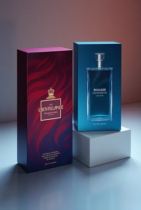 Now create a package for these perfumes with the name now create a package for these francs following the same characteristics ,  a sophisticated package with colors of red and purple for women and blue and white for men seguindo as mesmas caracteristicas,...