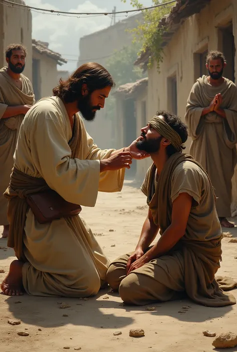 an image of Jesus walking around and placing his hands on his eyes healing the blind man who is sitting on the floor with blindfolds