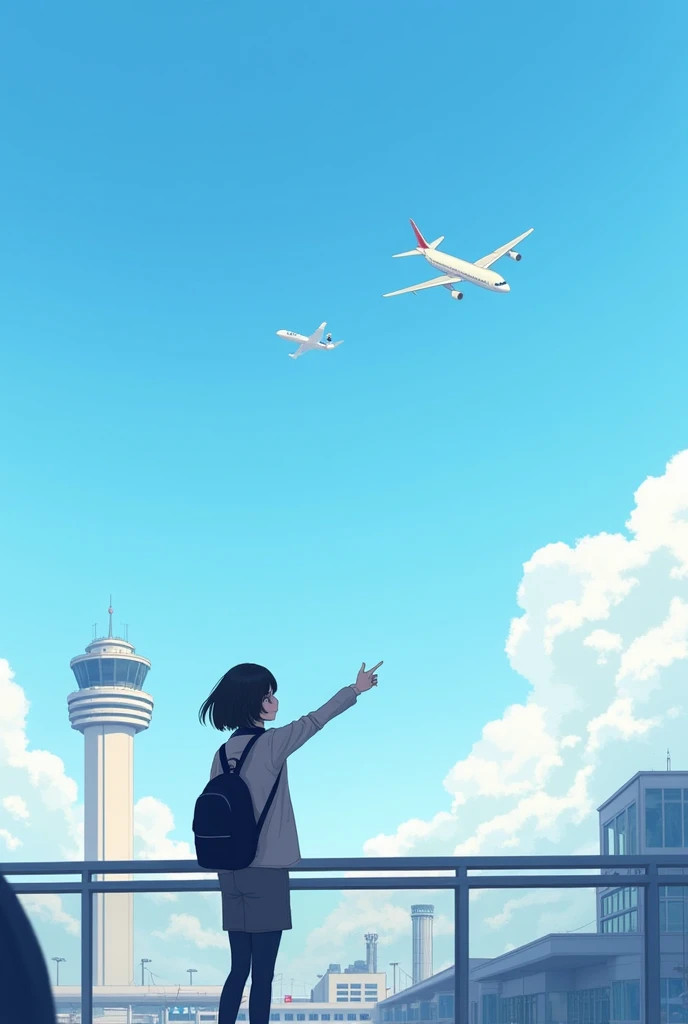 Incheon Airport,  An airplane flying far in the sky, Woman pointing at an airplane 