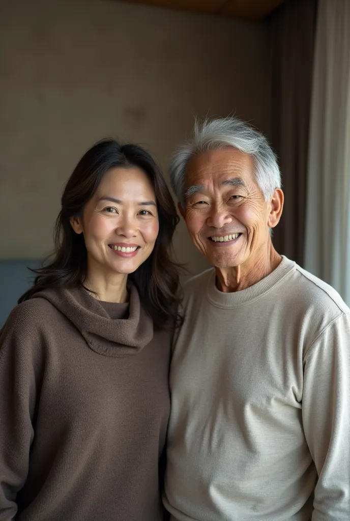 Japanese couple of an ugly elder man and woman with age difference, Picture of two people, Man in his 90s, 30 generation women, cheeks and cheeks, The background is the living room, Woman with big breasts and bbw slender body, realistic teeth, double eyeli...