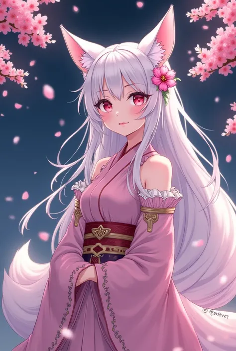 Woman Kitsune Manga White and Pink at Night with Sakura Trees 