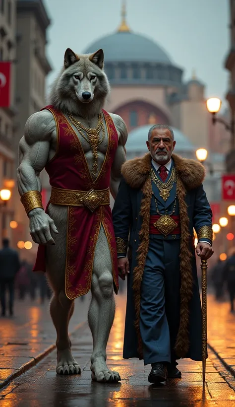 A hyper-realistic, cinematic depiction of a massive, ultra-muscular anthropomorphic Grey Wolf, the national animal of Turkey, standing with a powerful, bodybuilder physique. His thick silver fur shines under the city lights, his piercing eyes radiating str...