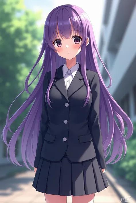 realistic girl purple hair long wearing school student uniform pleated skirt from japan