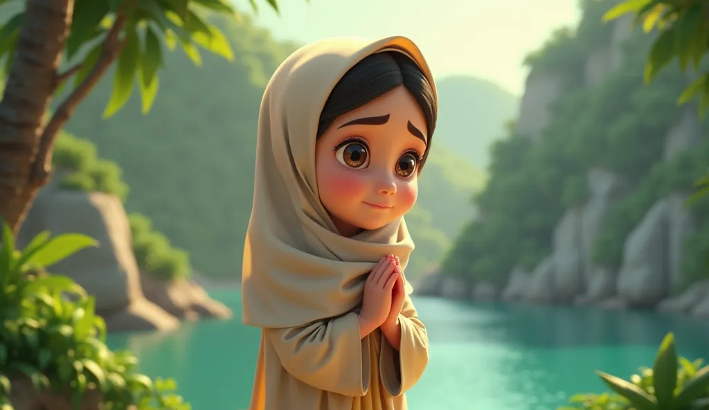 Beautiful animated cartoon islmic girl crying during prying 