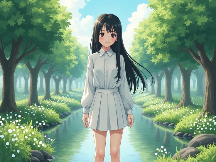 An 2D illustration picture of a 17-year old japanese girl with long black hair. The girl is wearing a white shirt with long sleeves and short white skirt. She is smiling. She's wearing leather shoes with white socks. She is standing in garden with many tre...