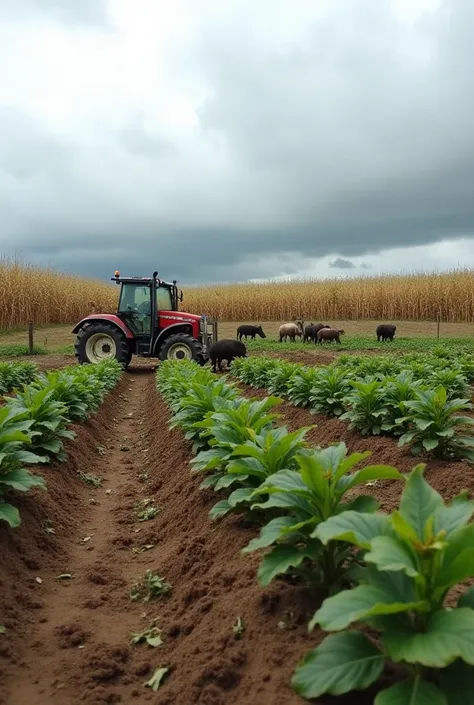 " soybean and corn fields destroyed by wild boars on a farm in Rio Grande do Sul. Plants trampled ,  upturned soil and animals in a group in the background . cloudy sky,  abandoned tractor in the field and damaged fence ."