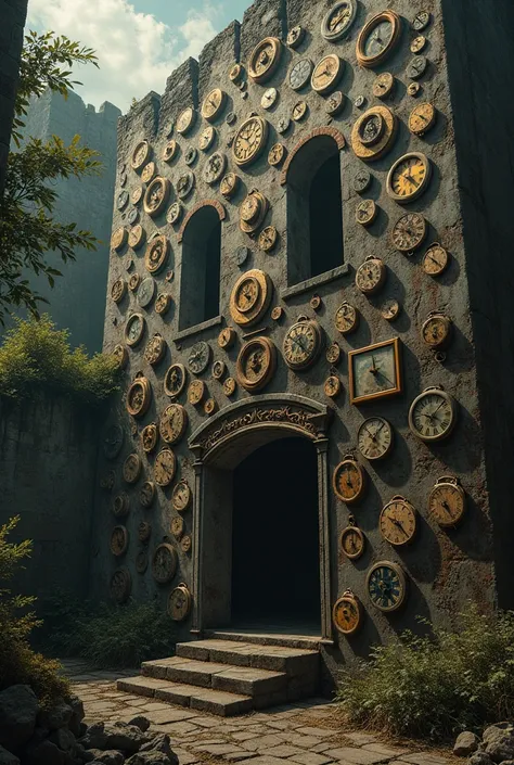  a giant wall of a dark house, Very old retro style full of watches. Lots and lots of watches