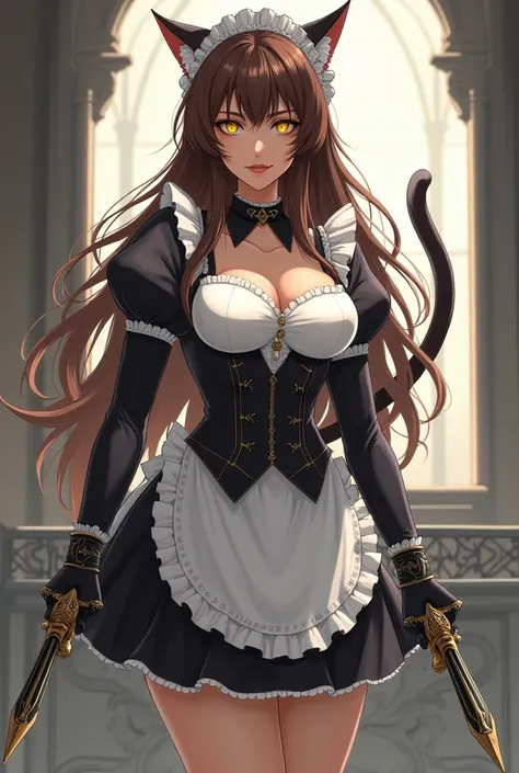 Mature woman, long brown hair, yellow eyes, cat eyes, cat ears, cat tail, maid clothes, maid headdress, maid choker, anime, holding black and gold daggers in hands, big breasts