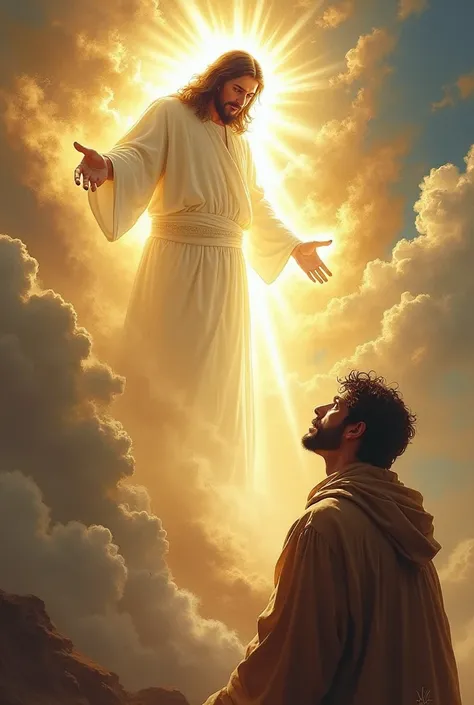  A man suffering with Jesus Christ , the Holy Spirit illuminating that man,a sunny and clear day .