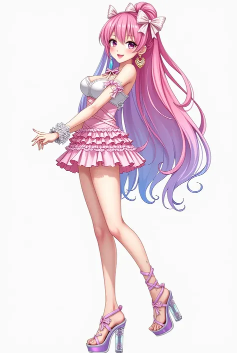 anime
Loli
Young
Whole body
Sideways
Perfect anatomy
high heels transparent and open platform 
long and 3-colored hair
flashy makeup 
pink lipstick
large earrings
short dress with ruffles and bows
Lace on the leg 
