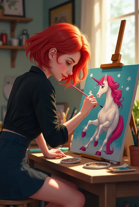 Redheaded girl in a black blouse and skirt making a unicorn painting on canvas 