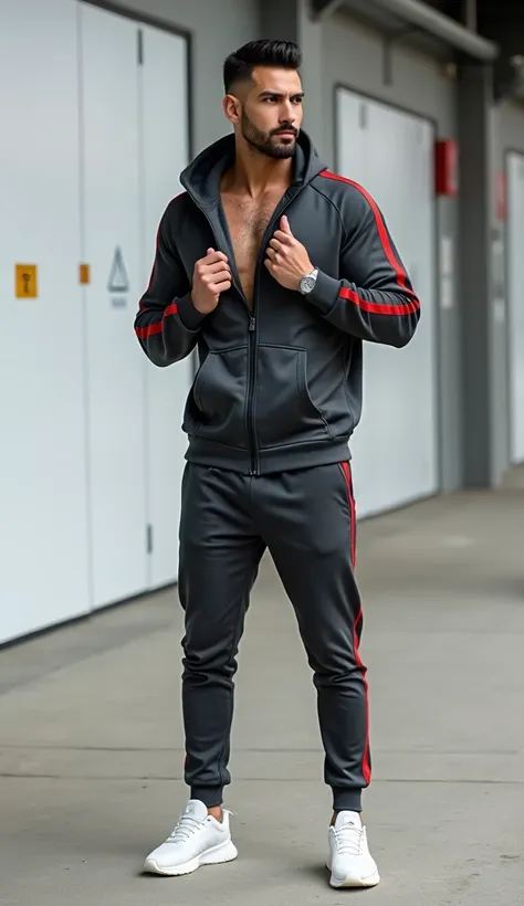 "A stylish man with a fit physique, sharp haircut, and well-groomed beard, wearing a sleek dark gray sports tracksuit with red side stripes. The tracksuit consists of a zip-up hoodie with a high collar and matching jogger pants with an elastic waistband an...